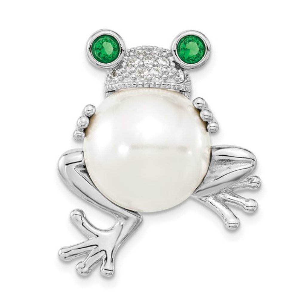 925 Sterling Silver Frog Pin / Pendant W White & Green Cz And Acrylic Pearl Bead